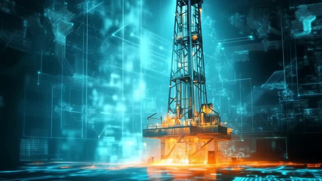 Conceptual animation of an offshore oil rig drilling within a high-tech digital data environment
