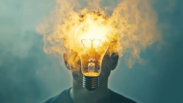 Conceptual animation of a man's head with a bright idea represented by a burning light bulb