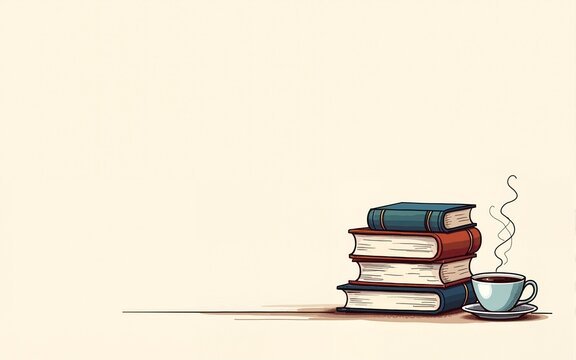 World Book Lovers Day. Horizontal banner. Stack of books and cup of coffee. Sketch. Copy space. Day of knowledge, day of literacy. Back to school, education learning concept. National library Day
