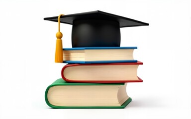 front view of stacked books, a graduation cap for education day isolated white background. High quality