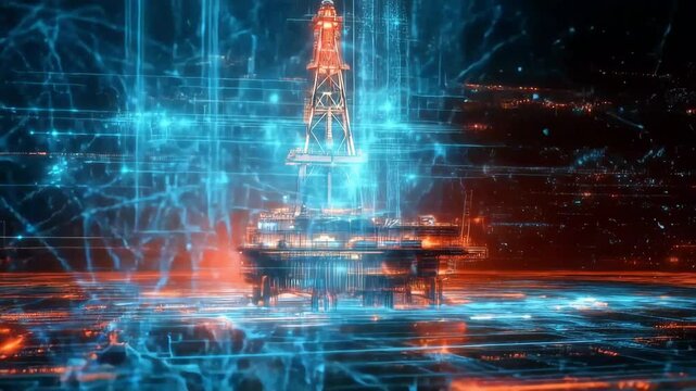 Futuristic oil platform surrounded by glowing digital data streams representing modern exploration