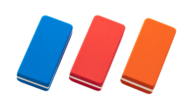 Collection Eraser Blue, Red and Orange, Isolated on Transparent Background