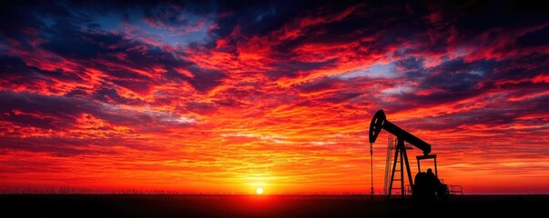 Fototapeta premium Silhouette of oil pump jack against sunset sky concept. An oil pump silhouetted against a vibrant sunset sky.