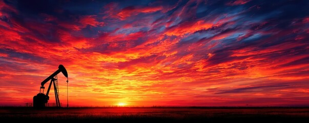 Silhouette of oil pump jack against sunset sky concept. Silhouette of an oil pump against a vibrant sunset sky.