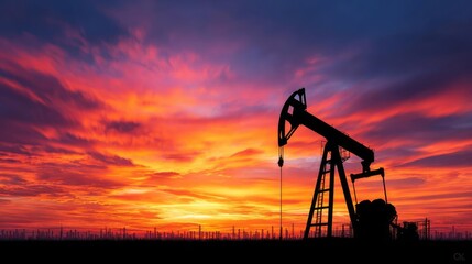 Oil pump silhouetted against sunset sky with financial graphs concept. Silhouette of an oil pump against a vibrant sunset sky.