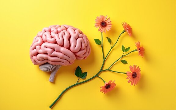 World mental health awareness day is symbolized by a human brain accompanied by flowers on a yellow background. High quality