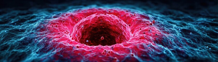 Atherosclerosis blocked blood vessel by plaque concept. Abstract visualization of a vortex in vibrant neon colors.