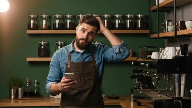 Barista looking stressed at phone in coffee shop