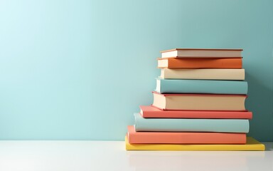 pile of books on minimalistic background or stock of books for world book day background. High quality