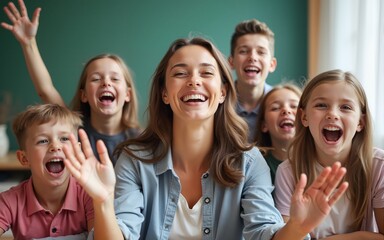 Happy teacher and group of children laughing, shouting hooray and looking at camera. Young woman together with her students having fun excited about start of holiday, summer break or school vacation