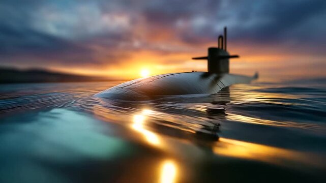 Faceless partial view &mdash; submarine half submerged, half above surface, softly defocused horizon and glowing sky, with copy space.