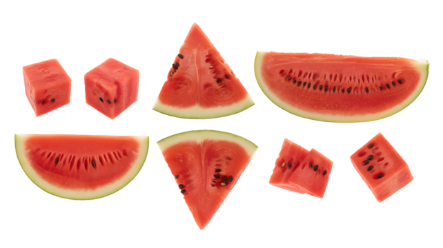 Assortment of watermelon slices and cubes isolated on transparent background