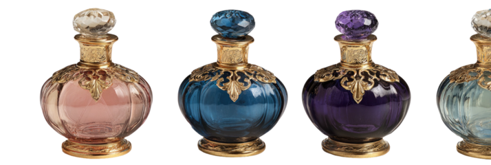 Ornate, colorful perfume bottles with gold filigree detail