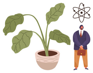 Large green potted plant beside atomic structure and standing man holding briefcase. Ideal for science, biology, education, nature, career growth, sustainability, balance. Simple flat metaphor