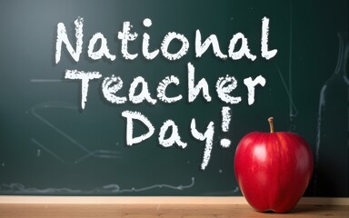 National Teacher Day, Thank you!  Annual USA holiday on Tuesday of 1st full week of May.  Chalk text on blackboard with red apple. High quality