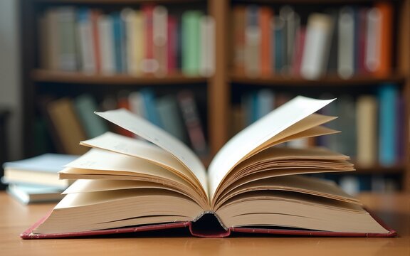 Book with opened pages and stacked books on reading desk in library. National library, books lovers day or month. Back to school or education learning background. Copy space. High quality