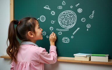Kid's learning inspiration in science education with girl child's imagination doodle on teacher's school chalkboard for back to school month concept. High quality