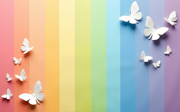 Rainbow paper background with white butterflies. Zero discrimination day concept. High quality