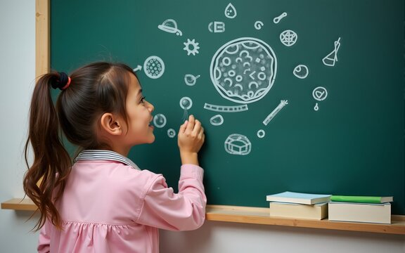 Kid's learning inspiration in science education with girl child's imagination doodle on teacher's school chalkboard for back to school month concept. High quality