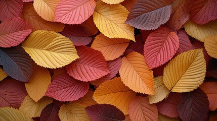 Fototapeta premium Autumn Leaves in Vivid Hues: An up-close view of a vibrant collection of fallen autumn leaves, each displaying a unique shade and texture. A celebration of seasonal change and natural beauty.