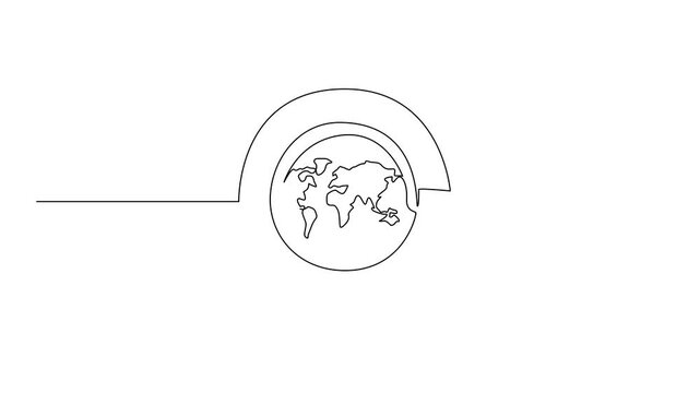 Animated self drawing of single one line drawing a cup filled with tea with a saucer and a world map on the surface of the cup. Breakfast. International Tea Day. Full length single line animation