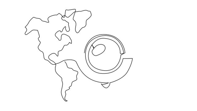 Self drawing animation of single continuous line drawing top view, tea cup with saucer against world map background. Restaurant specifically for tea lovers. International Tea Day. Full length animated
