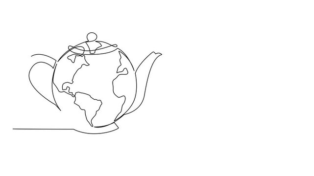 Animated self drawing of continuous one line drawing teapot with a cup with a saucer. Symbol of great ease of tea cultivation. Hot tea. International Tea Day. Full length single line animation
