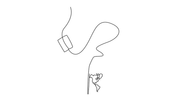 Animation of single line drawing teabag and world map on surface of bag. Packaging that makes it easy for consumers. International Tea Day. Continuous line self drawing animated. Full length motion