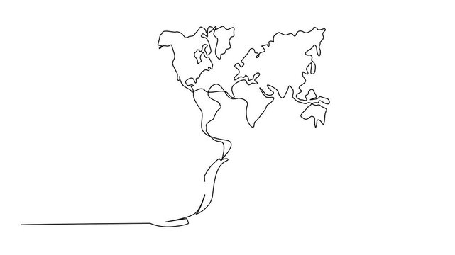 Animated self drawing of continuous one line drawing teapot and cup with saucer and world map from teapot funnel. Various countries. Calming. International Tea Day. Full length single line animation