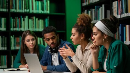 Diverse students collaborating on a laptop in a library - Powered by Adobe
