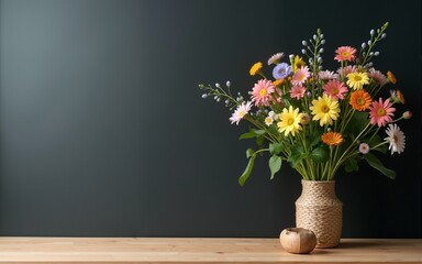 Teacher's day background. Black chalk board empty copy space and fresh wildflowers in vase. Holiday feminine poster.Spring greeting 8 march icon. High quality