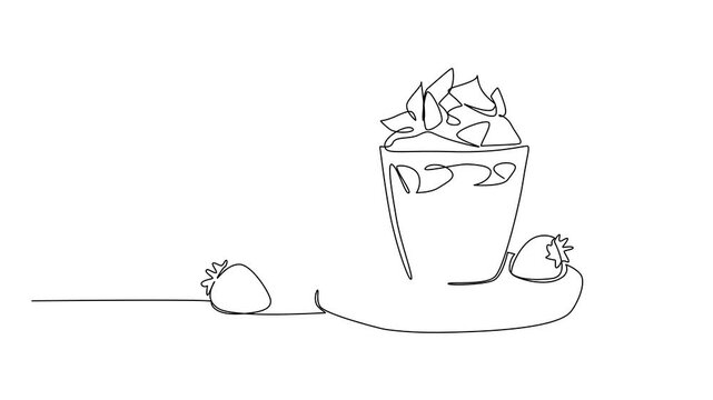 Animated self drawing of continuous one line drawing a glass with cream and strawberry pieces with a small bowl. Cold snacks. National Strawberries and Cream Day. Full length single line animation