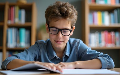 secondary school boy student wearing glasses sit reading book for final exams. High quality