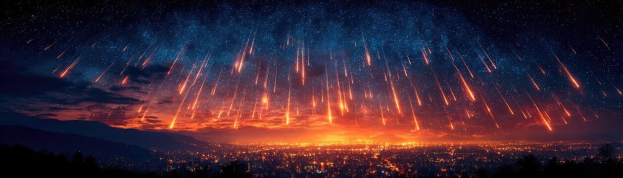 End of the world apocalypse 3D event concept. Stunning cosmic event above a vibrant city at dusk.