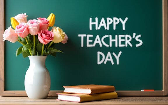 Vase of flowers and books near green chalkboard with inscription HAPPY TEACHER'S DAY. High quality