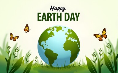 Earth Day 2025 Poster Background for Social Media and CSR with Earth, Plants, Butterflies, and Green Text. High quality