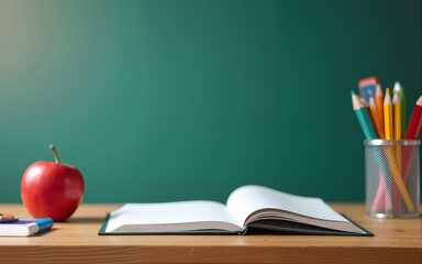 Teacher's desk with writing materials, a book and an apple, a blank for text or a background for a school theme. Copy space. High quality