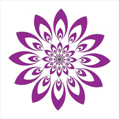 This is a radial graphic design of a purple flower. It features multiple layers of petal-like shapes that create an optical illusion of depth. The design has a central core that expands outwards into 