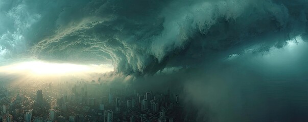 End of the world apocalypse 3D event concept. A dramatic storm cloud formation over a city skyline at dusk.
