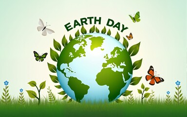 Earth Day 2025 Poster Background for Social Media and CSR with Earth, Plants, Butterflies, and Green Text. High quality