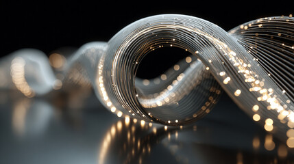 A holographic spiral of floating white-gold and silver data streams, glowing softly in motion—symbolizing digital flow, intelligence, and futuristic connectivity in hyperreal clarity.

