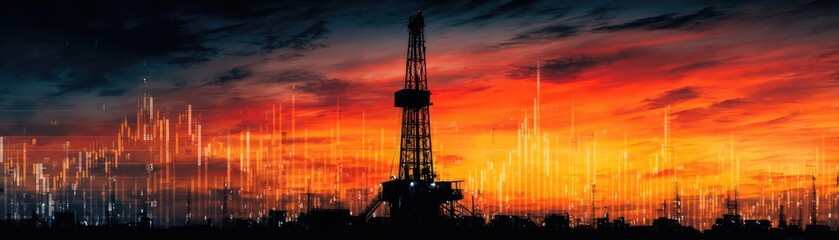 Obraz premium Oil pump silhouetted against sunset sky with financial graphs concept. Silhouette of an oil rig against a vibrant sunset backdrop.
