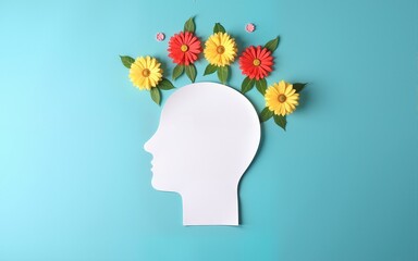 World mental health day concept. Paper human head symbol and flowers on blue background. High quality
