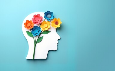 World mental health day concept. Paper human head symbol and flowers on blue background. High quality