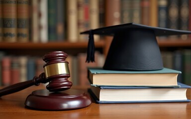 Law education, legal educational study, school for lawyer, legistration, litigation, judicial knowledge learning concept with court judge gavel and textbook with mortarboard on books in library