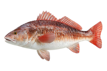 Red drum fish, side view, with red fins and stripes