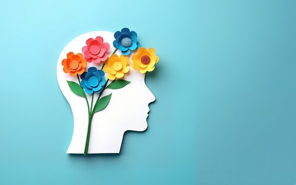 World mental health day concept. Paper human head symbol and flowers on blue background. High quality