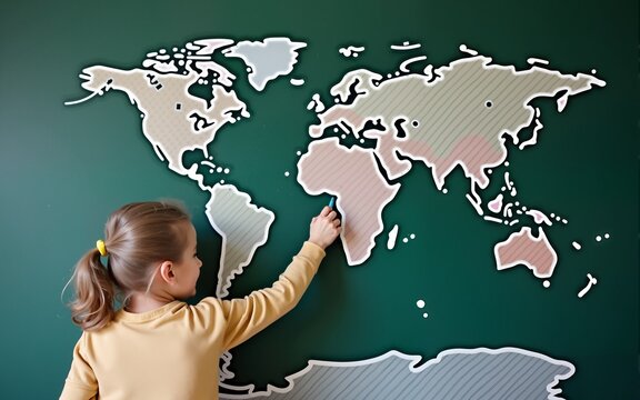 Kid's learning inspiration world in science education with girl child's imagination doodle on teacher's school chalkboard for back to school month and international or universal children's day concept - Powered by Adobe