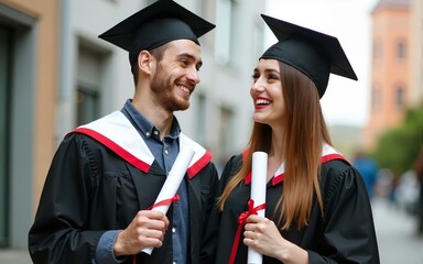 Happy couple of graduates showing diplomas and smiling, Complete high education. High quality