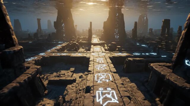 Mysterious Ancient Indian Ruins with Alien Glyphs, Underwater Temple Concept Art for Ancient Astronaut Theories and Lost Civilizations